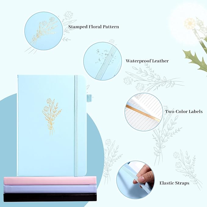 MINICAGIE 2 Pack Lined Journal Notebook for Women Cute Leather Journals for Writing Aesthetic Floral Diary 192 Pages A5 Hardcover Journaling Notebooks with Pen Loop, Blue, Pink