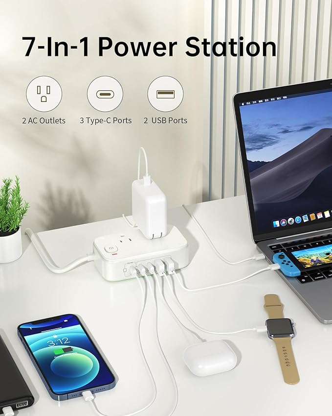 Power Strip with USB C Ports,30W USB C Charging Station,Surge Protection 1200J, 5FT Flat Extension Cord USB Charger Hub for Multiple Devices (Pearl White)