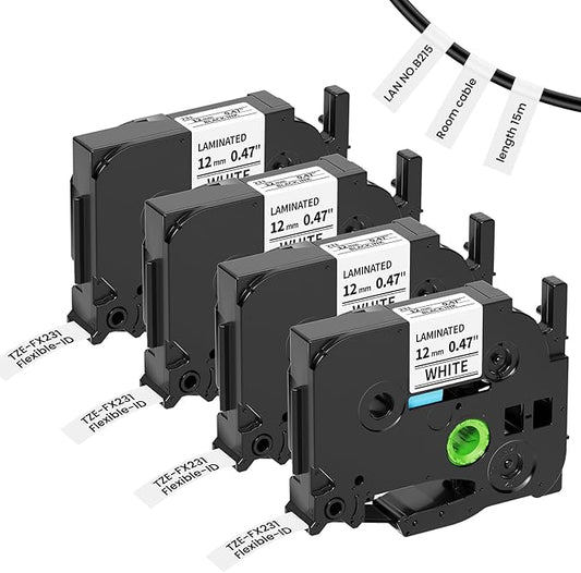 TZe-FX231 Flexible ID Laminated Cable Wire Labels 12mm 0.47 Laminated White Compatible with Brother P-Touch for Wire Wrapping and Flagging, 26.2FT/8M for PT-D210/D400/D600/H110 Label Makers