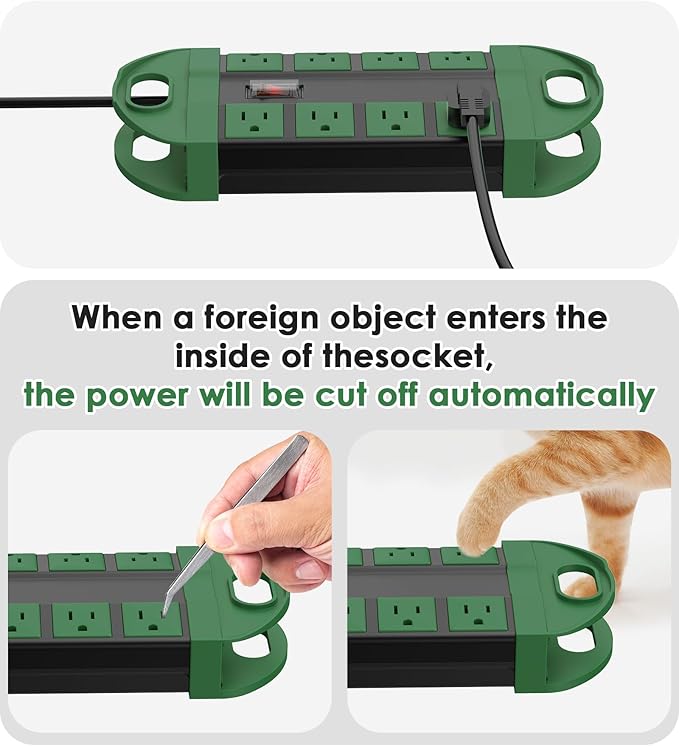 CCCEI Outdoor Power Strip Weatherproof with 8 Plug, Waterproof Extension Cord with Multiple Outlets, Christmas Exterior Garden Yard Surge Protector 10FT, Green.