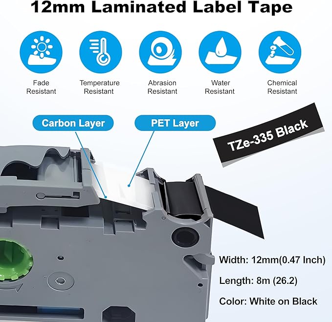 RAEMALL Replacement for Brother TZe-335 TZ-335 Laminated P Touch Label Tape 12mm 0.47 Inch White on Black Label Maker Tape for Brother PT-D210 H110 D220 D410, 5 Pack