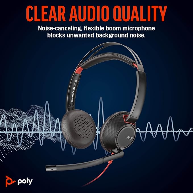 Poly Blackwire 5220 Wired Headset (Plantronics) Flexible Noise-Canceling Boom Mic Ergonomic Design - PC/Mac, Mobile via USB-C, USB-A, 3.5mm - Works w/Teams, Zoom - Amazon Exclusive (9P7X6AA)