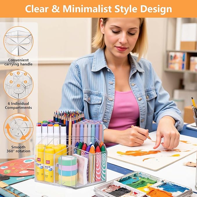 Pen Holder for Desk Acrylic, Large 6 Slots 360-Degree Rotating Marker Organizer Pencil Holder, Caddy Art Supply Organizer Crayon Organizers for Office School