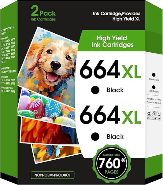 664XL Ink Cartridge Replacement for 664 664XL 664 XL Ink Cartridges Black and Color for DeskJet Ink Advantage 1115 2135 2138 3635 3636 3638 4535 4536 4538 4675 4676 4678 Printer Ink 2 Black