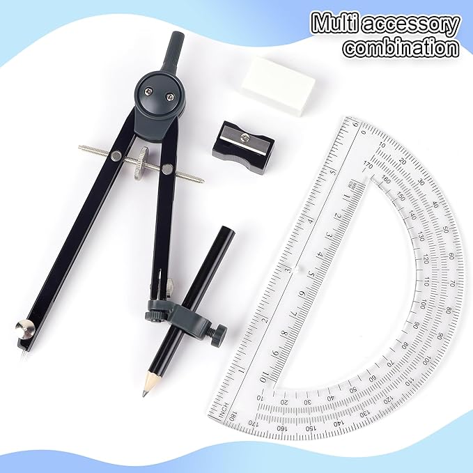 Professional Compass for Geometry Set, Metal Compass with Wheel and Lock for Geometry, Drawing Compass Tool, Circle Drafting Tool, and 6 Inch Math Protractors 180 Degree (Silver)