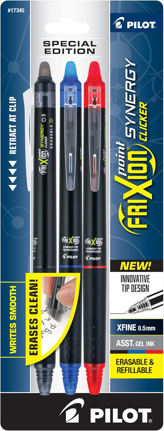 Pilot, FriXion Synergy Clicker Erasable, Refillable, Retractable Gel Ink Pens, Extra Fine Point 0.5 mm, Pack of 3, Black, Blue & Red