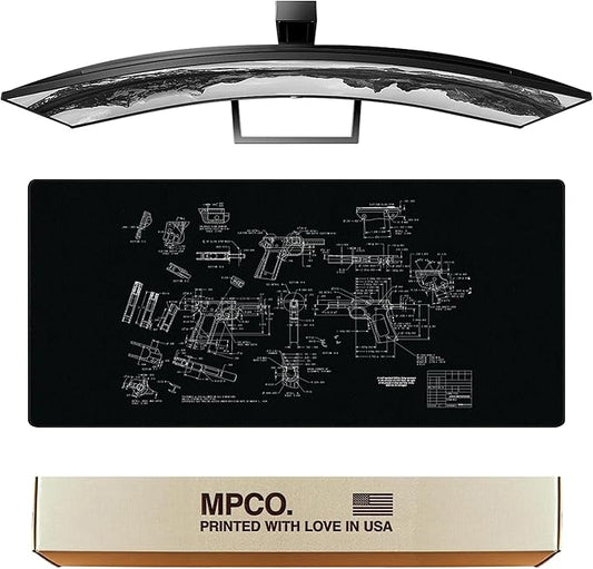 MPCO. Blueprints Large Gaming Desk Pad - 36" x 17" Aeroglyde Fabric Browning 1911 – Black Desk Mats - Non-Slip, Washable, Smooth Glide for Precision Gaming & Work