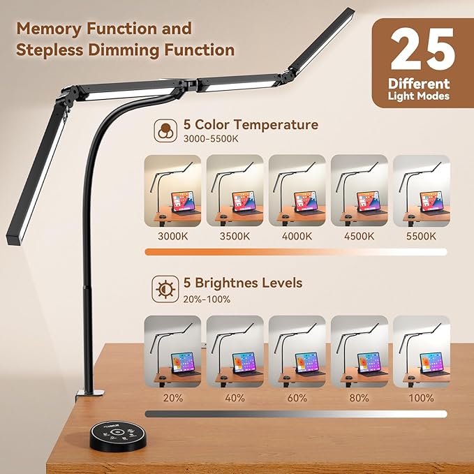 Led Desk Lamps for Home Office - Eye Caring Architect Lamp with Clamp, Double Head Computer Monitor Work Desk Light with Remote Control: 24W Flexible Dimmable Desktop Table Lamp