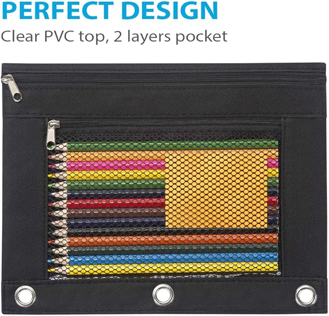 Sooez Pencil Pouch for 3 Ring Binder, 2 Pack Fabric Binder Pouch with 2 Pockets, Pencil Bags with Zipper and Reinforced Grommets, Pencil Cases for Binder