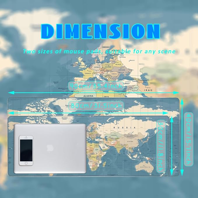 Desk Mat, Blue Vintage World Map Extended Gaming Mouse Pad Large, 31.5"x11.8" Big Mouse Pad with Non-Slip Base and Stitched Edge, Long Computer Keyboard Mouse Mat for Home Office Work