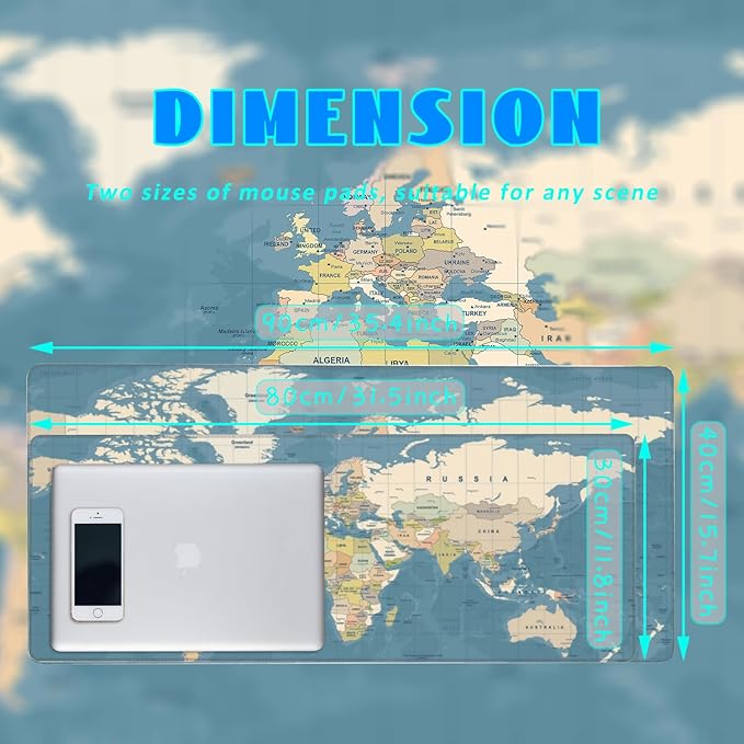 Desk Mat, Blue Vintage World Map Extended Gaming Mouse Pad Large, 35.4"x15.7" Big Mouse Pad with Non-Slip Base and Stitched Edge, Long Computer Keyboard Mouse Mat for Home Office Work