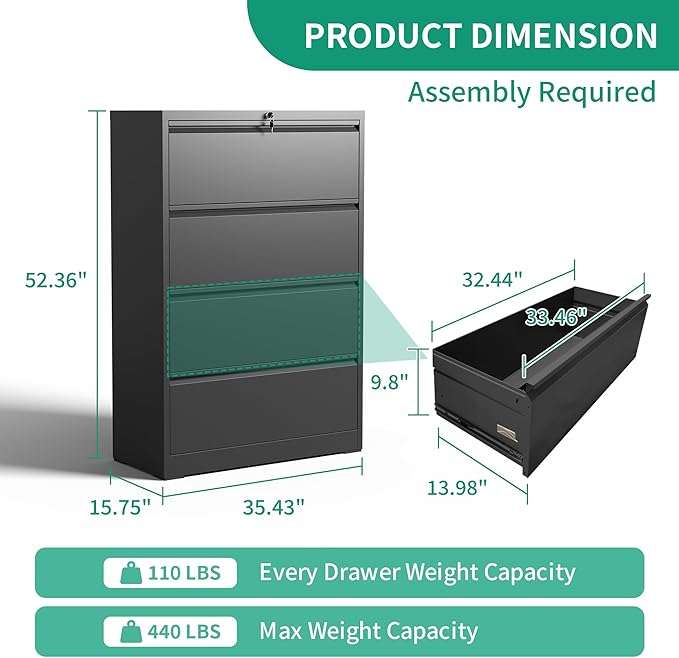 4 Drawer Lateral File Cabinets,Metal Filing Cabinet for Home Office,Wide Steel Storage Cabinet Commercial Drawer for Legal/Letter/A4 Size Files Assembly Required