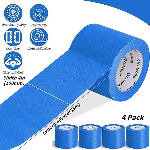 4 Rolls Blue Painters Tape Bulk 4 inch x 60 Yards, Total 240 Yd, Painters Masking Tape No Residue Wall Painting Tape Artist Tape Trim Edge Finishing Tape for Wall Painting Decoration DIY Supplies
