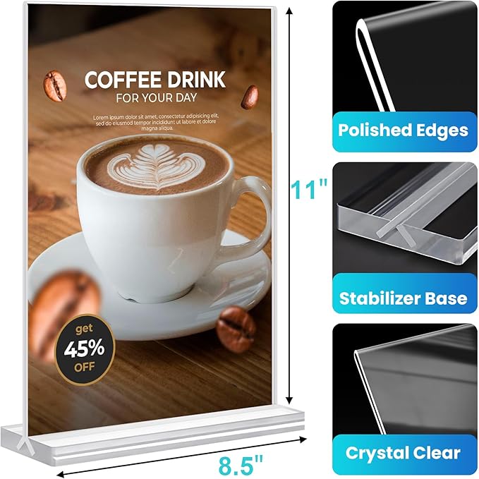 Acrylic Sign Holder 8.5x11, 8Pack Clear TableTop Sign Holder-Sided, Plastic Flyer Display Holder with Vertical Base, Clear Flyer Stand Menu Table Display Holders for Restaurants Office Store Show Fair