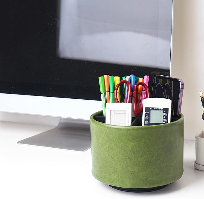 Hennaja Round Leather Art Supply Organizer,Remote Control Holder,360 Degree Spinning,Multi-Functional Pencil Holder,4 Compartments Desktop Stationary Organizer(1-Oil Bamboo)