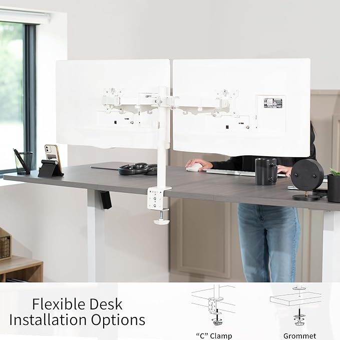 VIVO Dual Monitor Desk Mount, Heavy Duty Fully Adjustable Stand, Fits 2 LCD LED Screens up to 32 inches, White, STAND-V032W