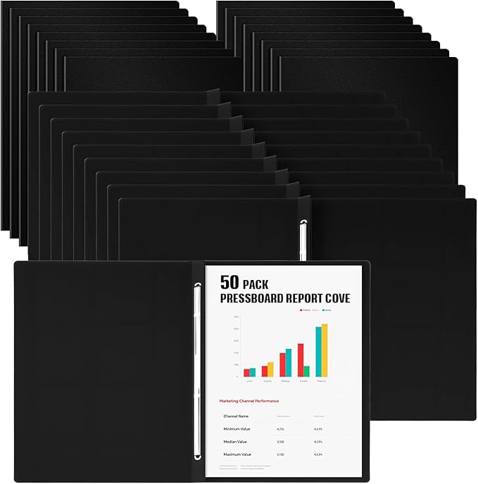 50 Pcs 8.5'' x 11'' Pressboard Report Cover, 3'' Capacity Metal Prong Fastener with Compressor, Letter Size, Presentation Folder to Neatly Bind Report, Proposal Document (Black)