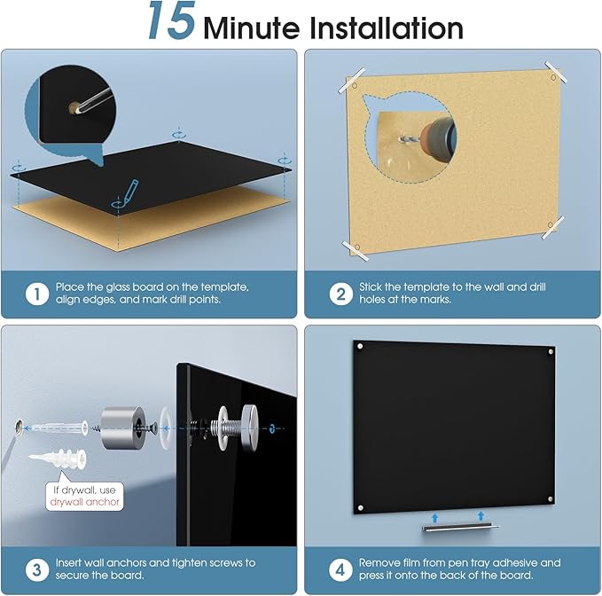 MaxGear Glass White Boards 72x48 Inches, Wall Mounted Magnetic Glass Dry Erase Board Black, Large Frameless Whiteboard with 1 Eraser,3 Markers and 6 Magnets for Office, School, Home