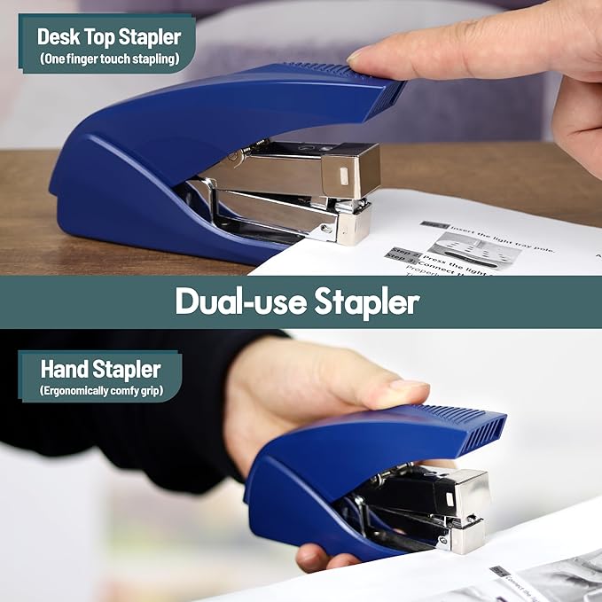 AFMAT ES10 Effortless Stapler for Desk, 50 Sheet Capacity, Low Force, Built-in Staple Remover, One Finger Touch Stapling Desktop Stapler, Portable & Space Save Size, Good for Home & Office, Blue