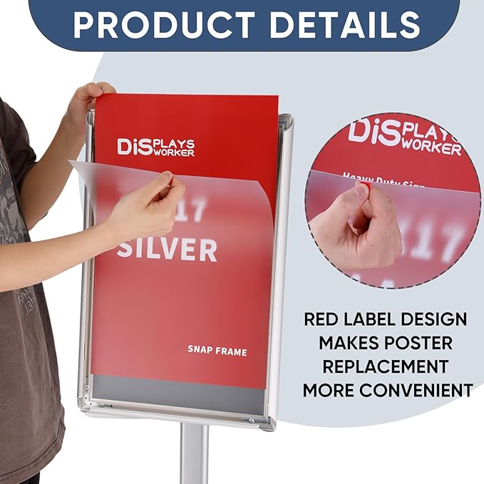 DISPLAYSWORKER Adjustable Heavy Duty Pedestal Sign holder floor Stand,sign stand poster stand Aluminum Snap Open Frame,Standing Floor for 8.5x 11 inch,Vertical/Horizontal View,SILVER