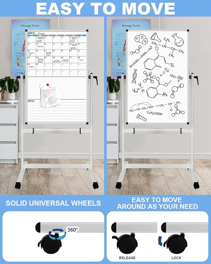 XBoard Rolling Moblie Whiteboard, 44x30 inches Double Sided Magnetic Dry Erase Board with Stand for Homeschool, Live Stream, Office, School (Calendar 44x30-Inch)