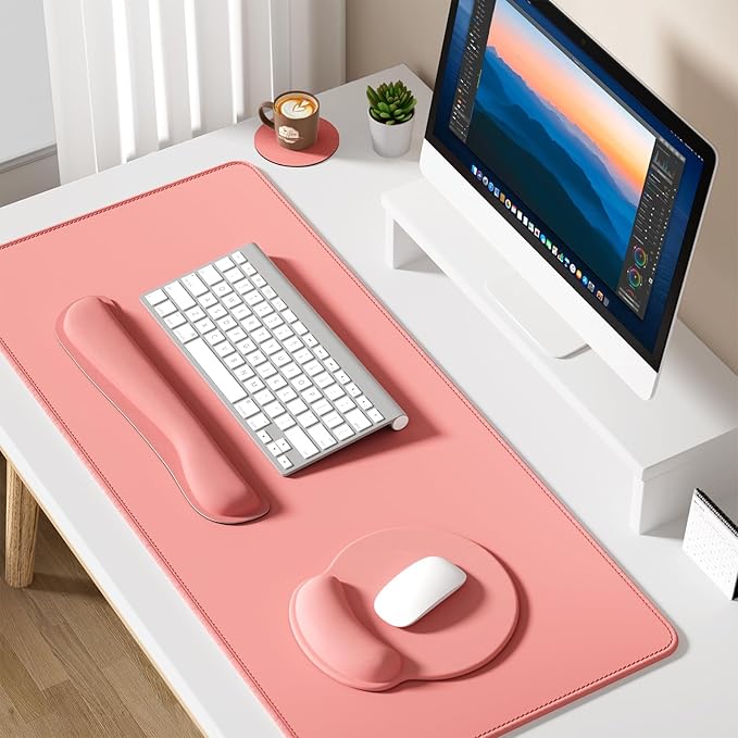 Dapesuom Large Gaming Mouse Pad, Mouse Pads with Wrist Rest Wrist Support, 4in1 XXL Desk Mat Desk Pad + Ergonomic Mousepad + Memory Foam Keyboard Mat Wrist Rest + Coaster Set for Computer, Rose Pink