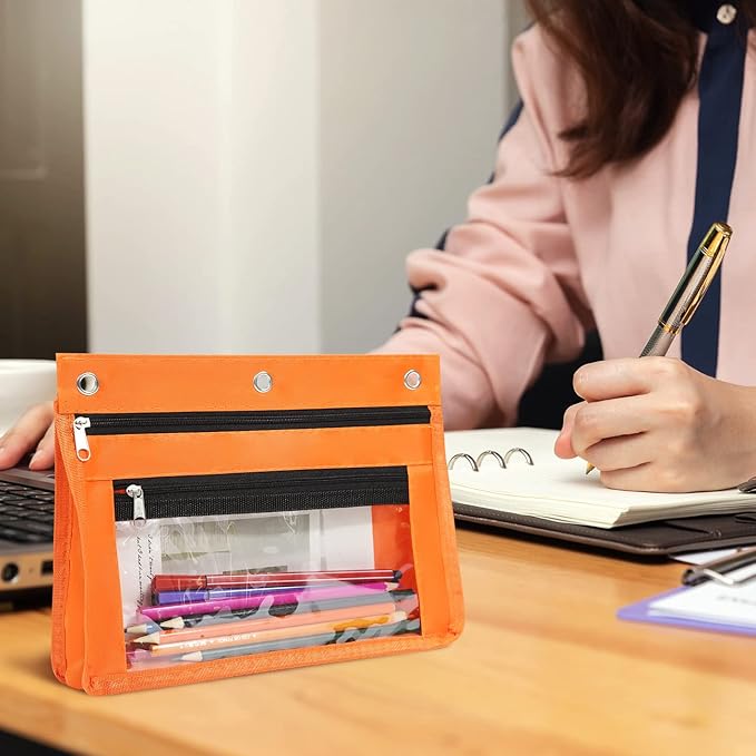 YoeeJob 1 Pack Pencil Pouch for 3 Ring Binder, Expandable Binder Pouches with Zipper, Large Capacity Pen Holder Case with Clear Window School Class Office Organizers, Orange