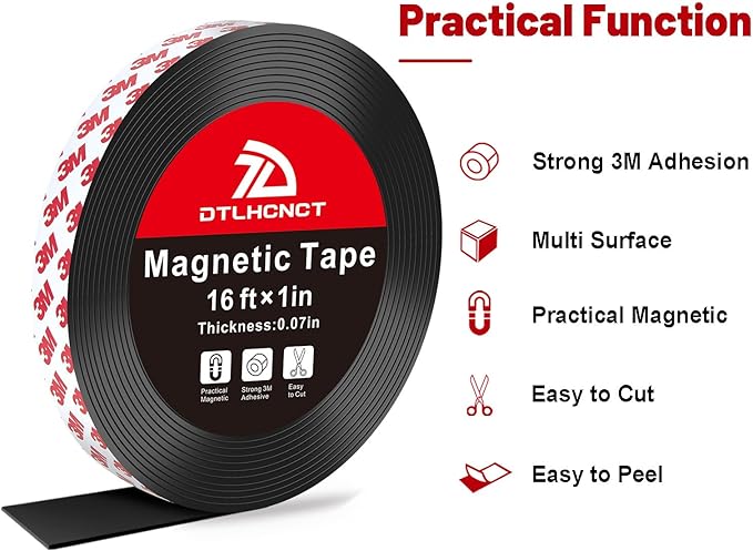Magnetic Tape - 16 ft x 1 inch Magnet Strip Tape Roll with Strong Adhesive Backing,Magnetic Strip for Kitchen, Office, School Organization, Whiteboards,Fridge(0.07" Thick)