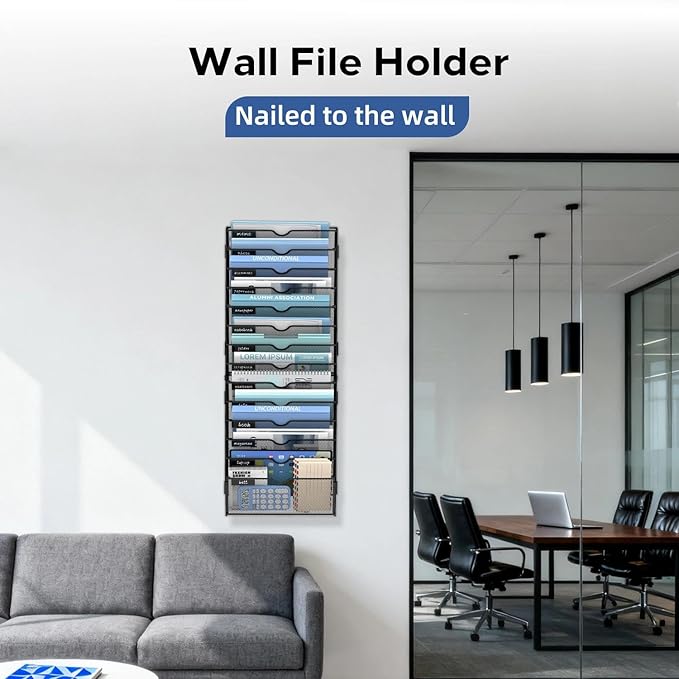 14 Tier Wall Hanging File Organizer, Paper Folder Holder Wall Mounted, Metal Mail Sorter for Office Home School, Black