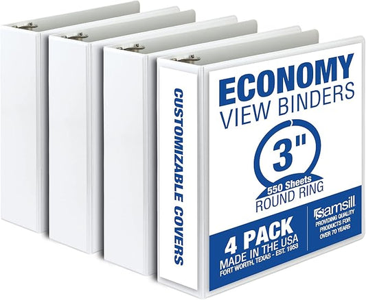 Samsill 3 Inch 3 Ring Binders, Made in USA, Economy Round Ring, Clear View Cover, 550 Sheet Capacity - for School, Home, Office - White, 4 Pack