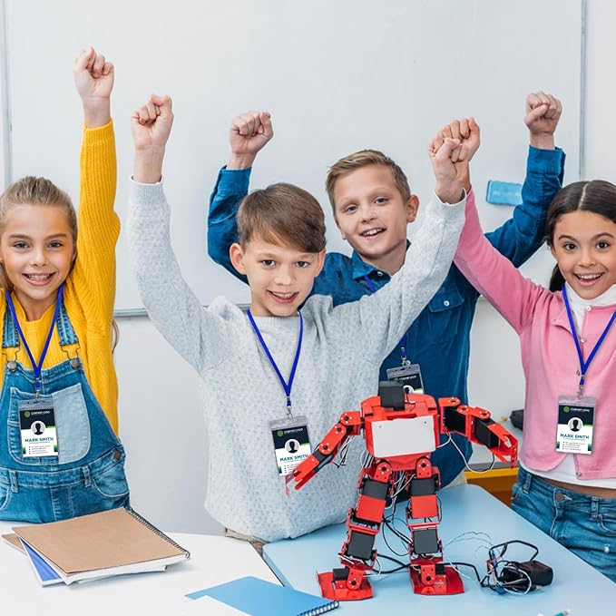 Fushing 50pcs Clear Plastic Vertical Name Tags Badge ID Card Holders and Blue Neck Lanyards with Swivel Hook for School, Festival, Event (L)