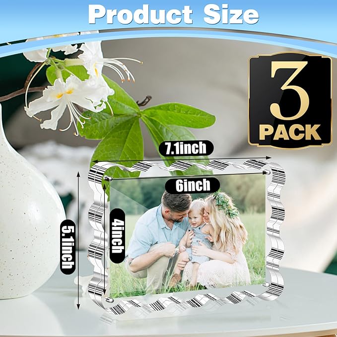 Aheroi 4x6 Acrylic Picture Frames, 3 Pack Clear Scalloped Acrylic Photo Frame Freestanding Magnetic Picture Frames for Desktop, Transparent Thickened Double Sided Picture Holder, Exclusive Shape Design