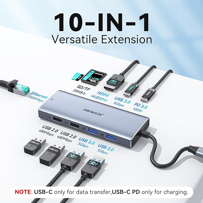 USB C Hub Adapter for MacBook Pro Air,10 in 1 USB C to USB HDMI Ethernet Hub Mac Dongle Accessories Converter for laptops (4K@60Hz HDMI+Ethernet+4USB+1USB-C Data Port+SD/TF Card Reader+100W PD)