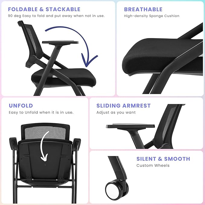 20 Pack Conference Room Chairs with Wheels and Paddle, Ergonomic Mesh Back and Arms for Home Office Desk Folding Chairs Black (10 Boxes)