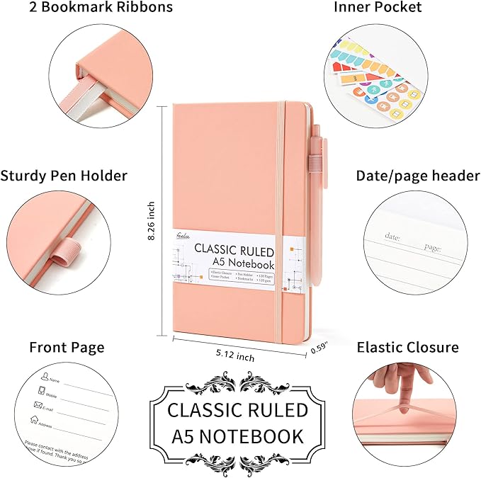 feela 5 Pack Notebooks Journals Bulk, Hardcover Classic Ruled Lined Journals with Pen Holder for Women Girls School Business Supplies, with 5 Black Pens, 120 GSM, 5.1”x8.3”, A5, Light Coral