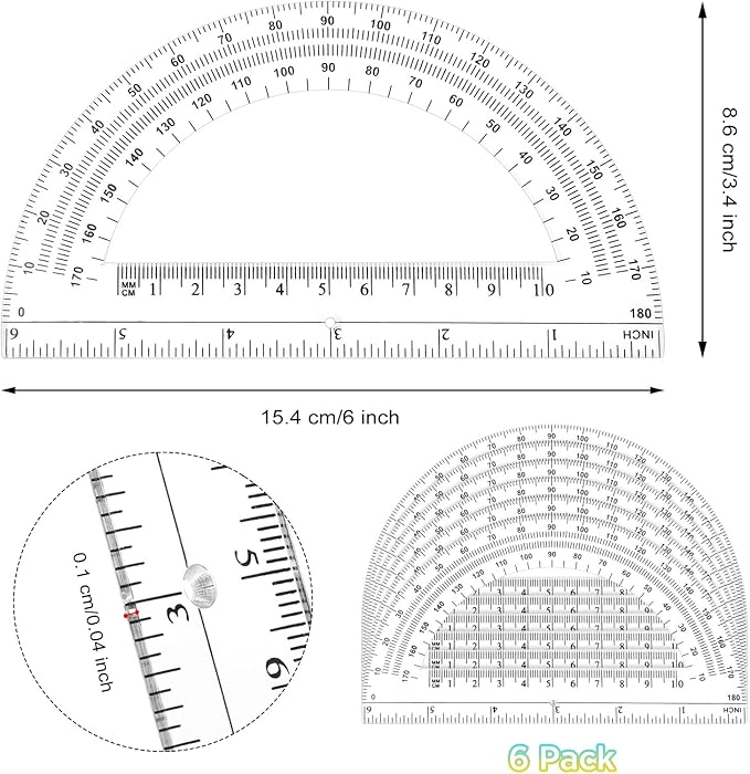 Zonon 6 Pieces Plastic Protractors Bulk Classroom Clear Math Protractors 180 Degrees 6 Inch for Geometry Student, Angle Measurement, Students Back to School Supplies Office Supplies