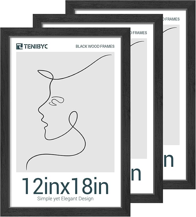 12x18 Poster Frames Set - 3 Pack - Black Solid Wood Picture Frame - Tempered Glass - Exclusive Woodgrain - Rooms, Offices, Gallery, Studio, and Hallway, Wall Display Decor