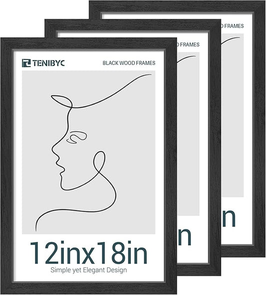 12x18 Poster Frames Set - 3 Pack - Black Solid Wood Picture Frame - Tempered Glass - Exclusive Woodgrain - Rooms, Offices, Gallery, Studio, and Hallway, Wall Display Decor
