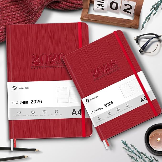 2026 Planner, Large Weekly and Monthly Planners, A4 Faux Leather Daily Calendar 2026 Planner, 12 Month Agenda from Jan. to Dec., Hardcover Habit Tracker Journal(Red)