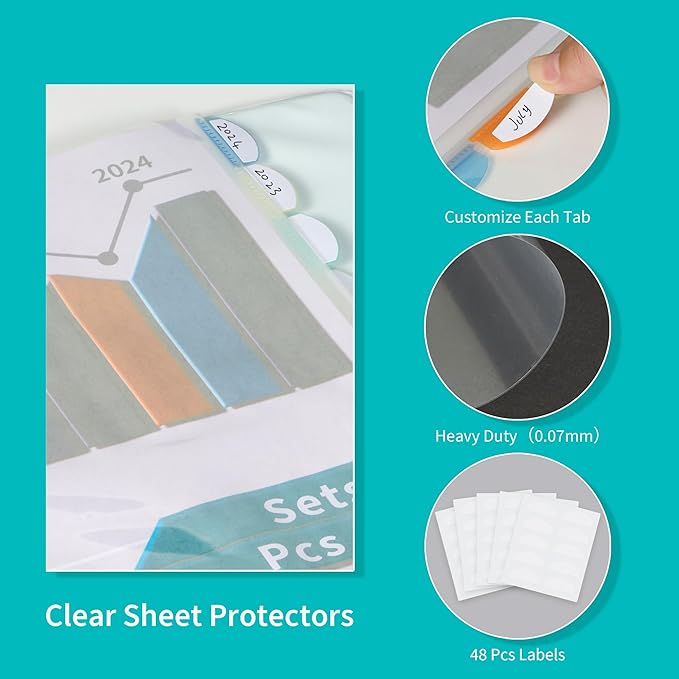 Binditek 48 Pack Heavyduty Clear Sheet Protectors with 8 Tabs, Sturdy Binder Sheet Protectors for 3 Ring Binder Letter Size, Multicolor Tabs, 8.5 x 11 Inches, Polypropylene, 6 Set, Label Sticker