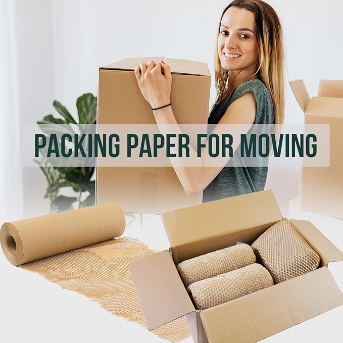 Moving Supplies Honeycomb Packing Paper for Dishes and Glassware 15 Inches * 820 Feet, Large Bubble Cushioning Wrap Roll Eco Friendly Packaging Shipping Material, Sustainable Box Void Filler