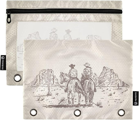 ZAZYXTJ Personalized Western Cowboy Binder Pencil Pouchs 3 Ring with Zipper Clear Window Office Organizers bag for School Students Teacher Supplies 2 Pack
