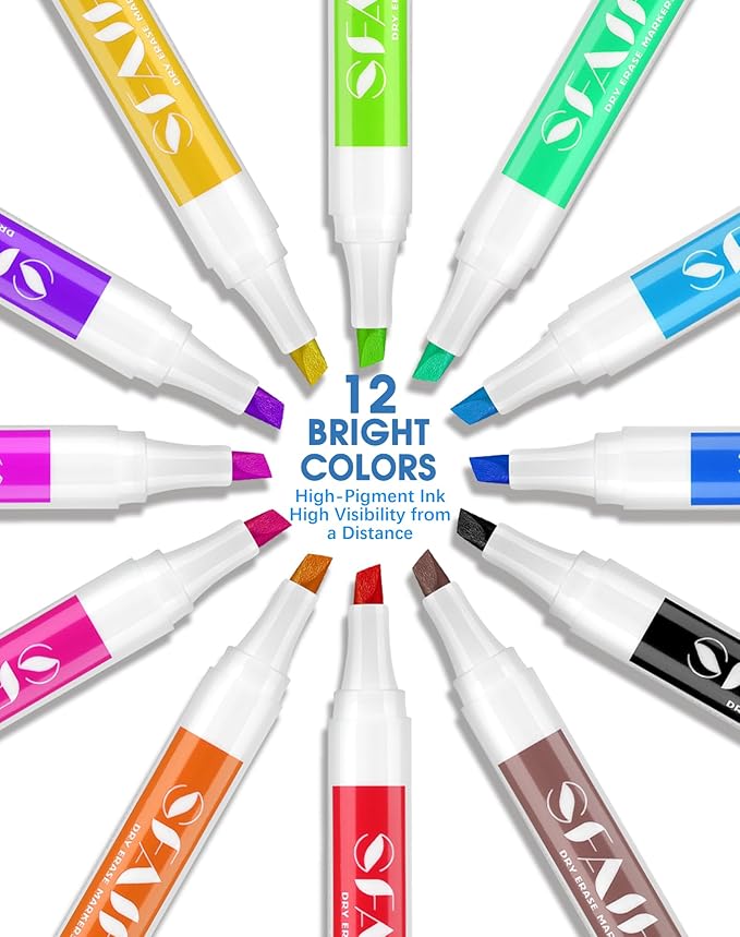 SFAIH Dry Erase Markers Chisel Tip with Magnetic Whiteboard Eraser, 48 Bulk 12 Assorted Colors White Board Markers for Teachers, Versatile Lines, 1s Quickly Dry, Perfect for Classroom and Office