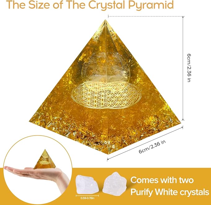 Hopeseed Orgone Crystals Pyramid for Positive Energy Orgonite Citrine Healing Stones and White Crystal Pyramids for Relieves Stress Chakra Healing Meditation Promote Luck, Wealth and Success