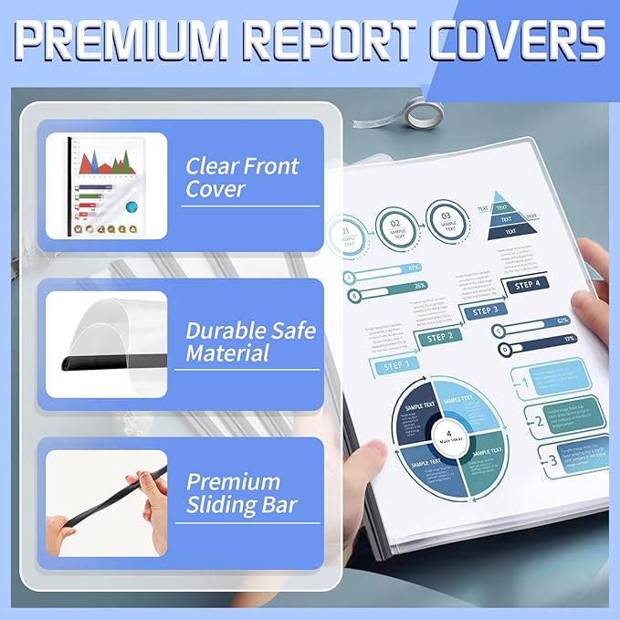 50 Pack Report Covers with Sliding Bar, Clear Report Covers for A4 and Letter Size Paper, Presentation Folders Resume Document Covers for School Office, Black