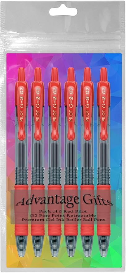 G2 Retractable Premium Gel Ink Roller Ball Pens Fine Point Fine Point (.7mm) Red Ink 6-pk; Refillable & Premium Comfort Grip Bundle with Plastic Reusable Pouch