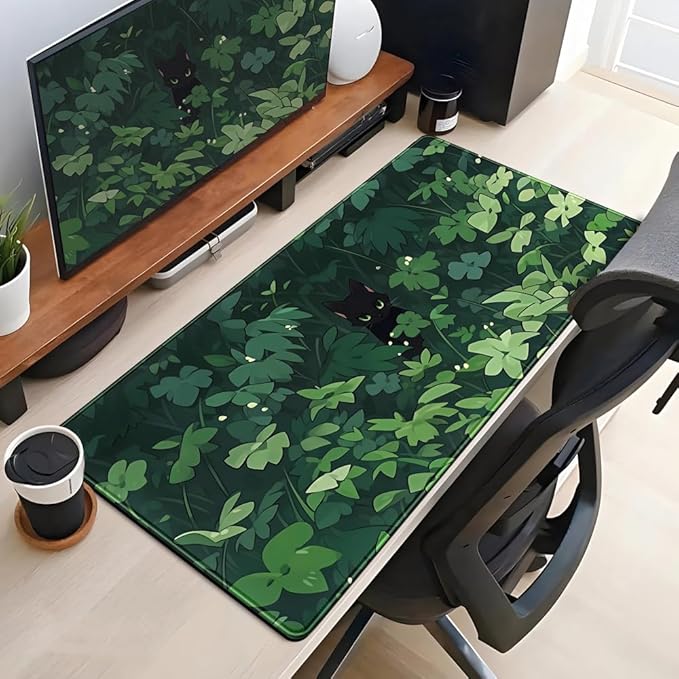Black Cat Anime Desk Gaming Mat, XL Green & Large, 31.5x15.8in, for Women & Offices