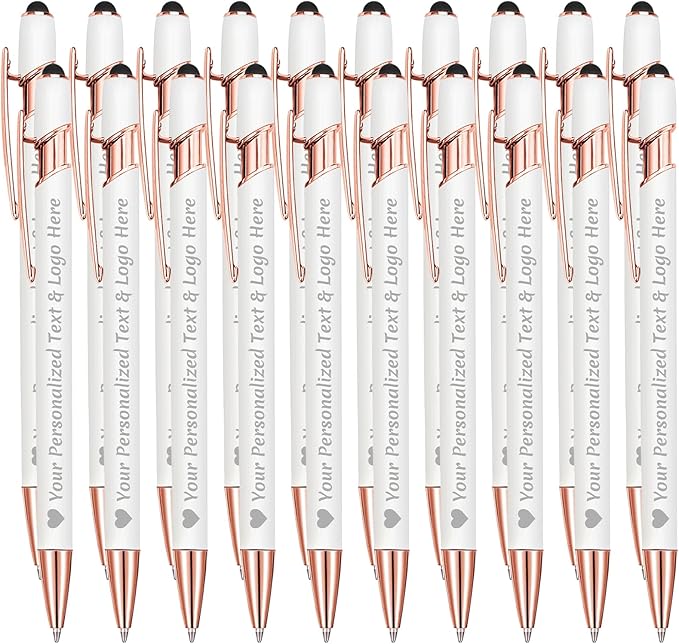 STREADVE Personalized Custom Pens 20 Engraved Writing Pen with Name Logo, Customized Promotional Items Stylus Pen Gifts for Communion Wedding Men Women Realtor Business, White