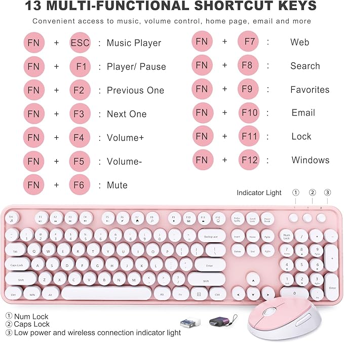 Wireless Keyboard and Mouse Combo, Ergonomic Full Size Typewriter Retro Round Keycaps Keyboard, Compatible with Windows, PC, Perfer for Home and Office Keyboards (Lovely Pink)