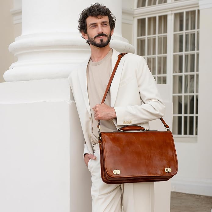 Time Resistance Leather Briefcase for Men - Italian Full Grain Leather Laptop Bag - Messenger Bag - Gift Box Included